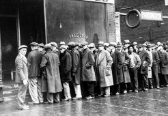 The Great Depression. Unemployed men queued outside a soup kitchen opened in Chicago by Al Capone. The storefront sign reads 'Free Soup, Coffee and Doughnuts for the Unemployed.' Chicago, 1930s (Newscom TagID: evhistorypix027753.jpg) [Photo via Newscom]